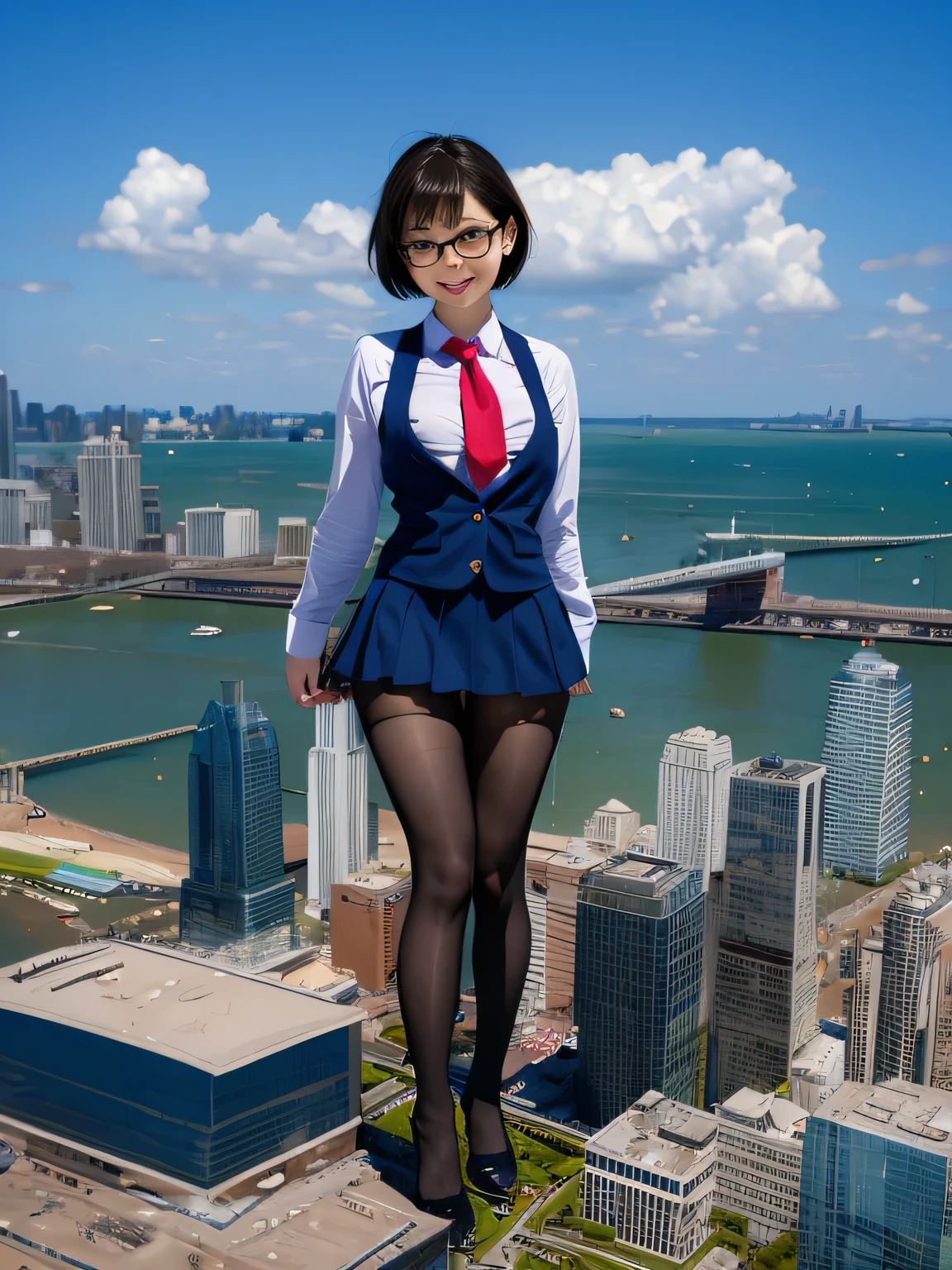 multiple girls, 3girls, standing, giantess art, highly detailed giantess shots, giantess, most detailed, perfect face, Two legs, Five fingers, short hair, A high school girl who is bigger than a skyscraper, Wearing rimless glasses, smile, huge breasts, Navy blazer, Red tie, mini skirt, black pantyhose, no shoes on, toes visible through pantyhose, Steam coming out from the soles of my feet, seaside metropolis, numerous miniature warships on the sea, Destroying cities, Under heavy attack, A very small big city, Miniature metropolis, Full body description, GTS, giga giantess, stomping city, crash city, tiny city, micro city, pantyhose feet, High resolution, highest quality, masterpiece, 