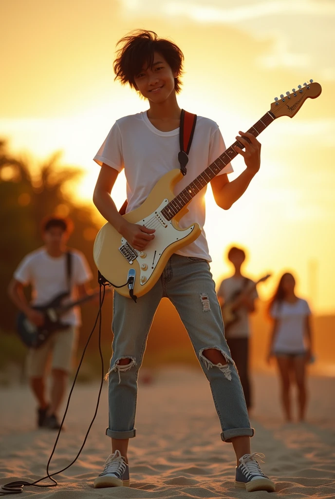 8k, highest quality, ultra details, Tobias Bjorgsha, , handsome asian teenage, white t-shirt, ripped jeans and running shoes, messy neat black hair, playing electric guitar,he is looking forward to camera, playing guitar at the beach park with his band. carefree expression