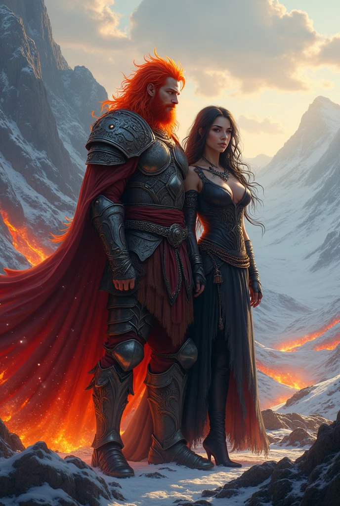 Prince of Fire Hero, Nordic, young and red-haired with his army and with a black-haired sorceress with dark skin and violet eyes.