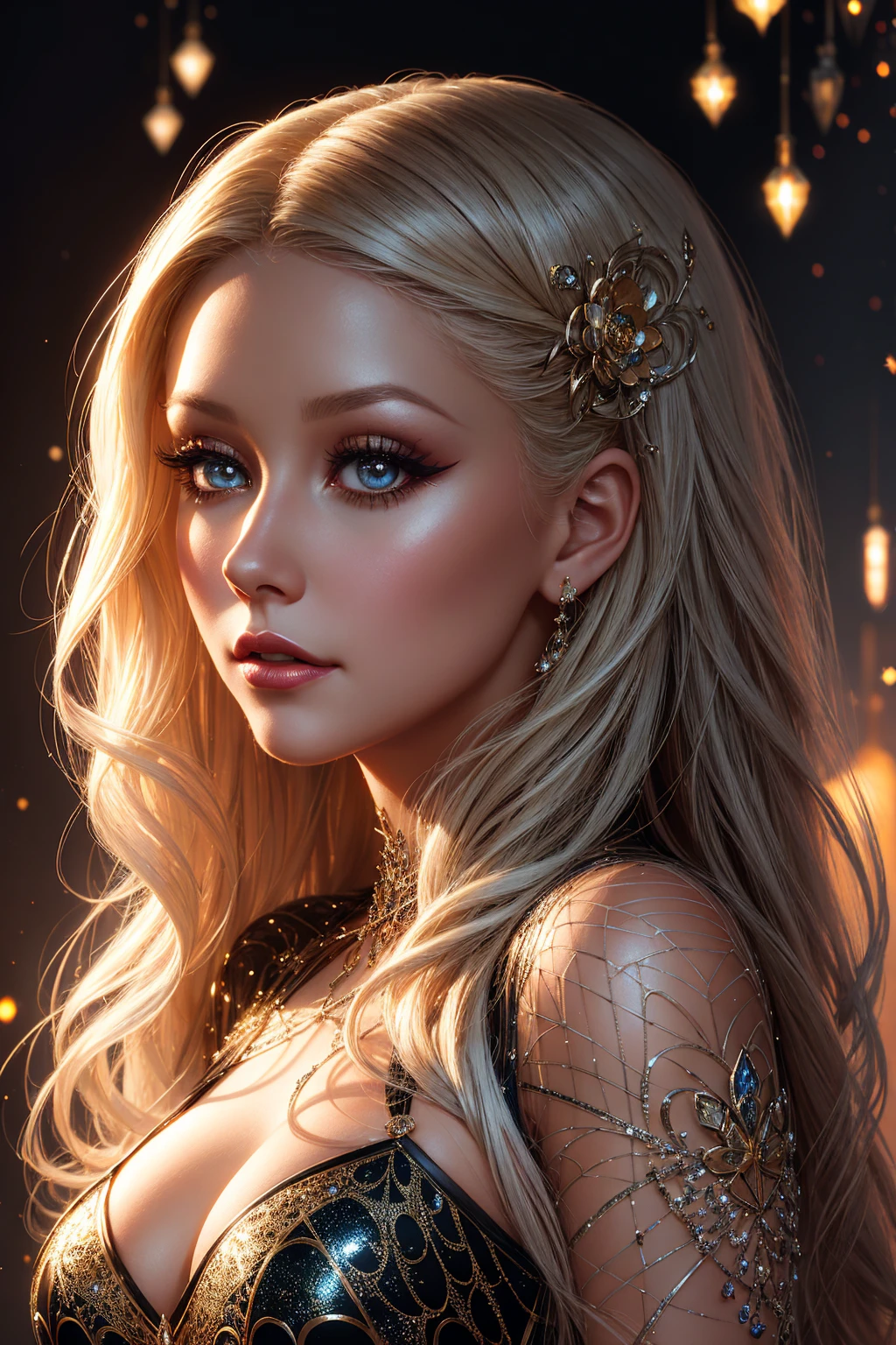 portrait Christina Aguilera, wearing sexy spider outfit, in a spider's web, 6 0 3 0 s, wavy hair, intricate, elegant, highly detailed, digital painting, artstation, concept art, smooth, sharp focus, illustration, art by thomas kindkade, charlie bowater, artgerm, greg rutkowski, alphonse mucha and alexandra fomina, 36k, glittering, shining