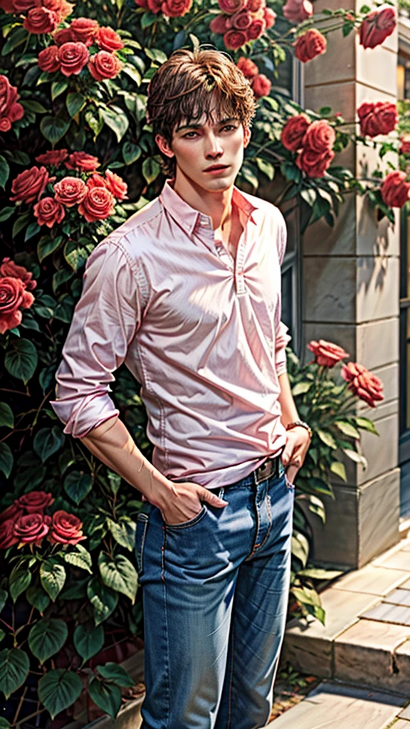 (absurdres, highres, ultra detailed), 1 male, beautiful,handsome, tall muscular guy, mature, verious red and pink roses around him, jewellery, the man is standing comfortably in the roses, from directly above, (white shirt, jeans), gorgeous, wet, model pose, colorful, artistic, depth of field, focus on his calm facial features, elegant look, looking at the viewers romantically,