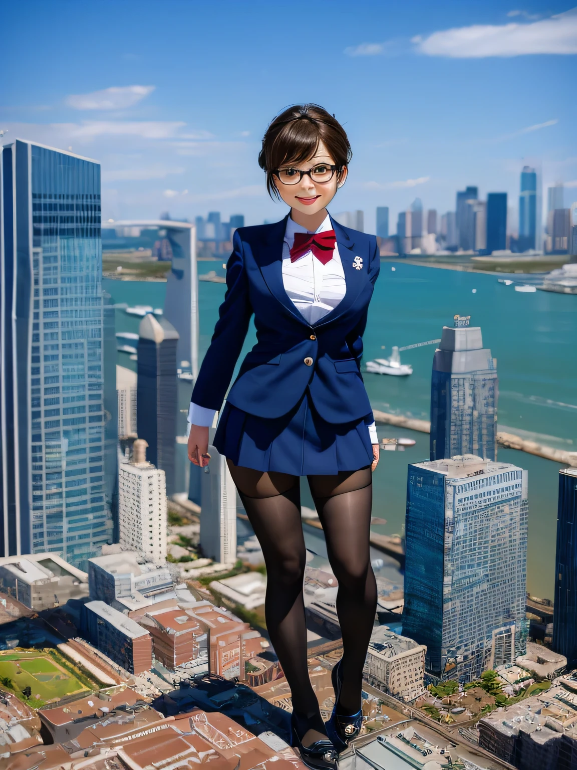 multiple girls, 3girls, standing, giantess art, highly detailed giantess shots, giantess, most detailed, perfect face, Two legs, Five fingers, short hair, A high school girl who is bigger than a skyscraper, Wearing rimless glasses, smile, huge breasts, Navy blazer, Red tie, mini skirt, black pantyhose, no shoes on, toes visible through pantyhose, Steam coming out from the soles of my feet, seaside metropolis, numerous miniature warships on the sea, Destroying cities, Under heavy attack, A very small big city, Miniature metropolis, Full body description, GTS, giga giantess, stomping city, crash city, tiny city, micro city, pantyhose feet, High resolution, highest quality, masterpiece, 