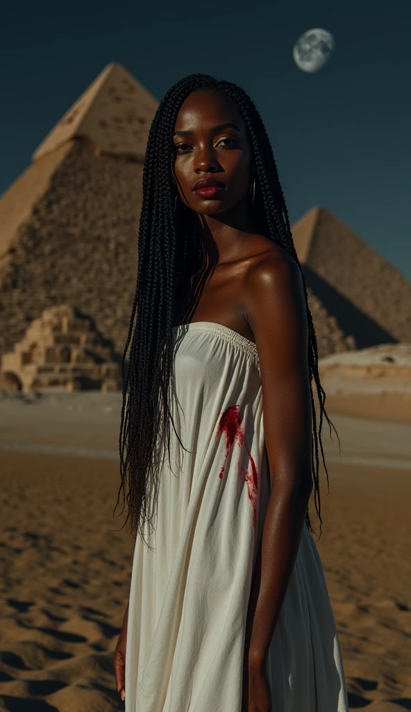 An Egyptian vampire woman with smooth, dark skin and long, braided hair, her lips stained with fresh blood as it drips down her chin. She wears a flowing white linen dress, now splattered with crimson. The setting is the base of the Great Pyramid of Giza under a moonless night sky, the ancient stone blocks casting deep shadows. She stands against the pyramid, having just fed, her gaze distant and predatory.