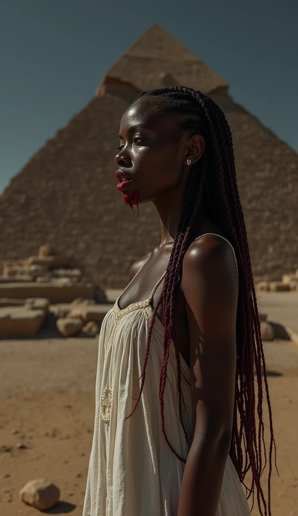 An Egyptian vampire woman with smooth, dark skin and long, braided hair, her lips stained with fresh blood as it drips down her chin. She wears a flowing white linen dress, now splattered with crimson. The setting is the base of the Great Pyramid of Giza under a moonless night sky, the ancient stone blocks casting deep shadows. She stands against the pyramid, having just fed, her gaze distant and predatory.