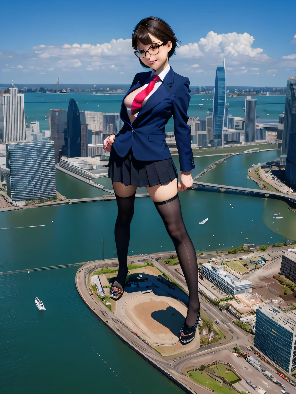 multiple girls, 3girls, standing, giantess art, highly detailed giantess shots, giantess, most detailed, perfect face, Two legs, Five fingers, short hair, A high school girl who is bigger than a skyscraper, Wearing rimless glasses, smile, huge breasts, Navy blazer, Red tie, mini skirt, black pantyhose, no shoes on, toes visible through pantyhose, Steam coming out from the soles of my feet, seaside metropolis, numerous miniature warships on the sea, Destroying cities, Under heavy attack, A very small big city, Miniature metropolis, Full body description, GTS, giga giantess, stomping city, crash city, tiny city, micro city, pantyhose feet, High resolution, highest quality, masterpiece, 