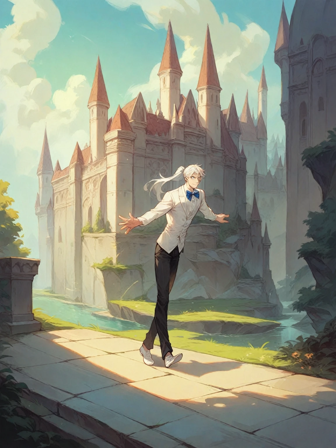 Beautiful man, strong physique, white colored social blouse, long black pants, white colored social shoes, white hair in ponytail, silver colored eyes, slender appearance, elegant, with outstretched arms, light blue bow tie, smiling look, old castle scenery, walking.