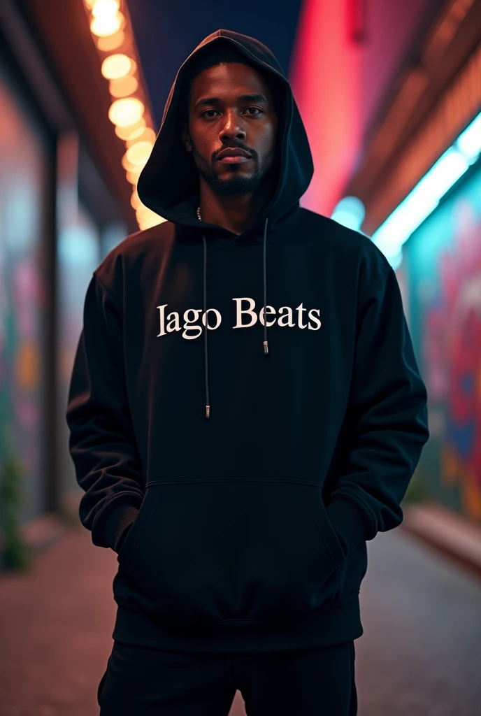 RAPPER man dressed in black, with a blurred background and a text on the chest called : IagoBeats