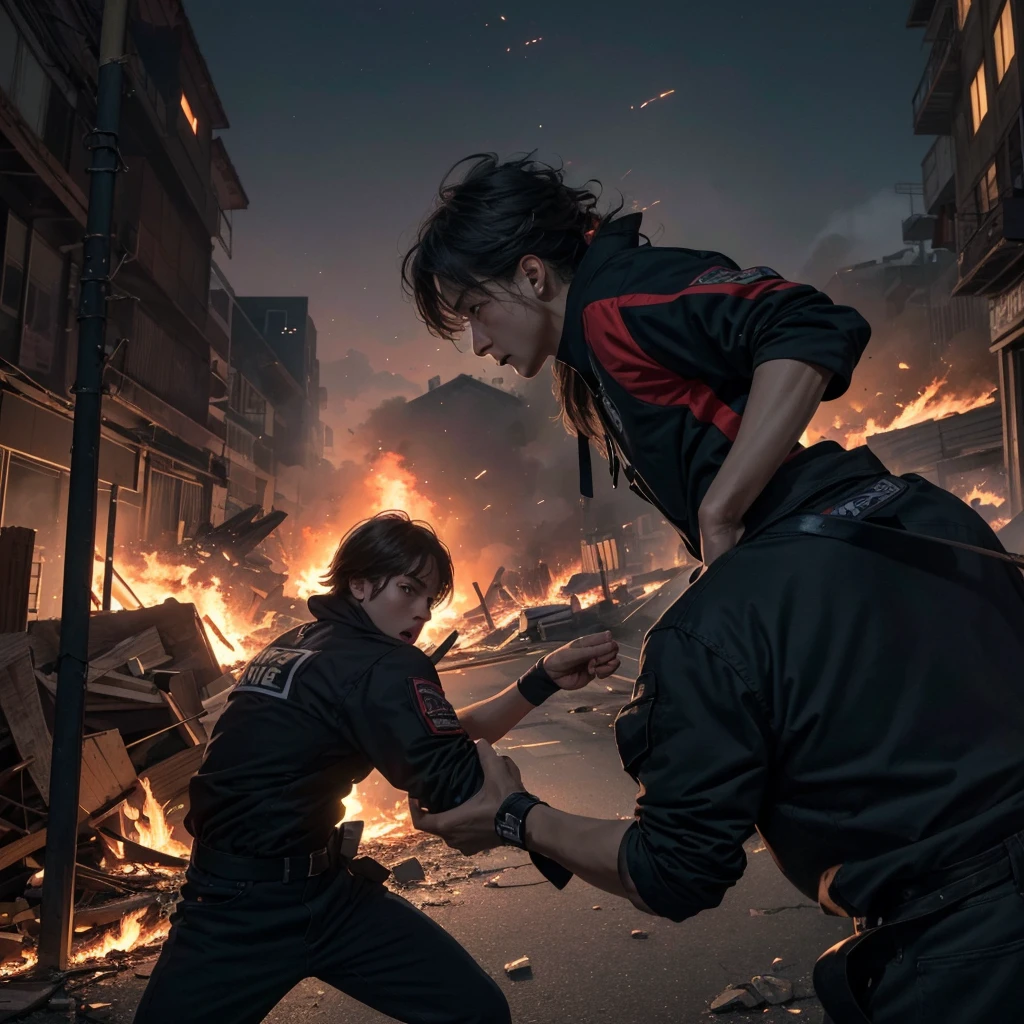 Best Quality, masterpiece, 4k, 8k, wallpaper,award winning photo, professional photography, hyper realistic, portrait shot,Chaotic urban area, fires flying everywhere, cracks on the ground，night scenes，movie fighting scene