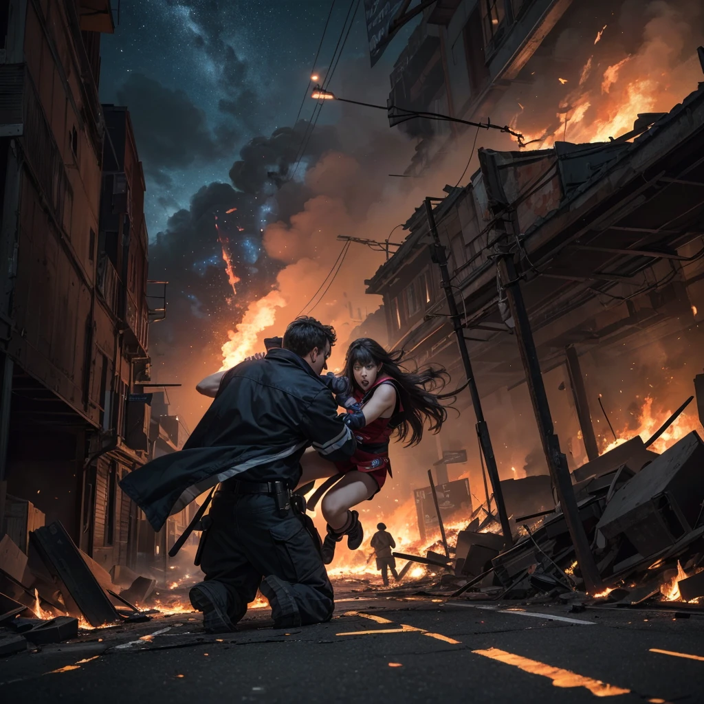 Best Quality, masterpiece, 4k, 8k, wallpaper,award winning photo, professional photography, hyper realistic, portrait shot,Chaotic urban area, fires flying everywhere, cracks on the ground,night scenes,movie fighting scene