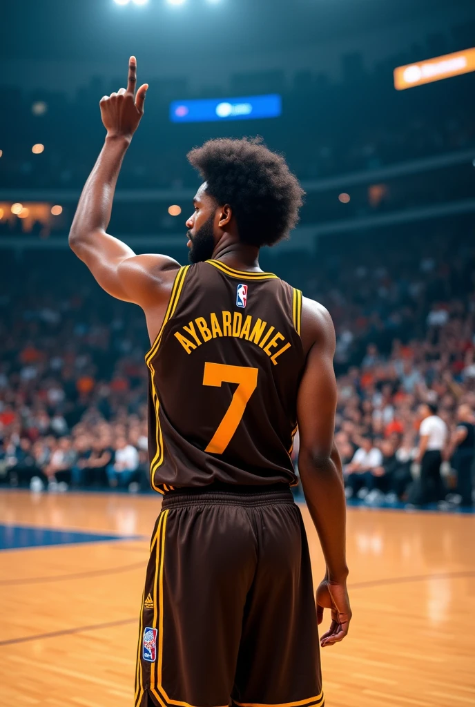 Create a basketball player who has a basketball jersey that is in the NBA and has the finger of his right hand pointing up, that the jersey says AYBARDANIEL that is number 7 that is brown and that the color of the leg is a little light and with the hair a little long afro