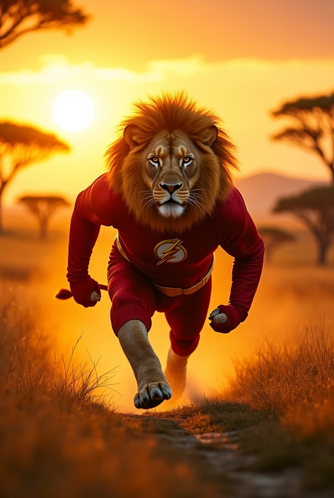 Un lion qui court portant le costume de Flash