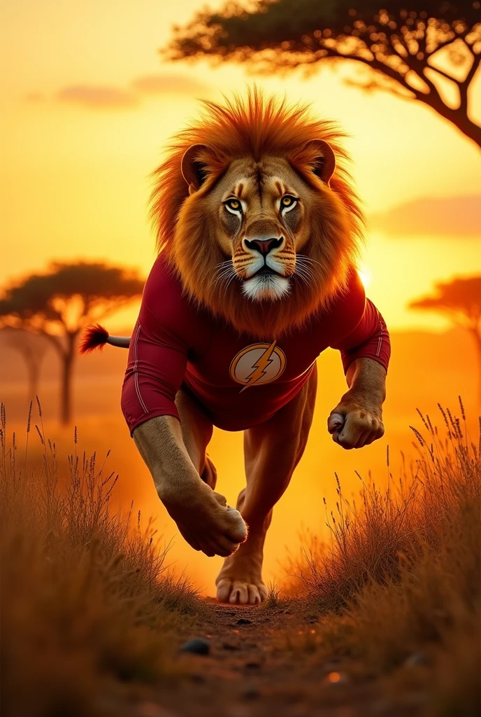 Un lion qui court portant le costume de Flash