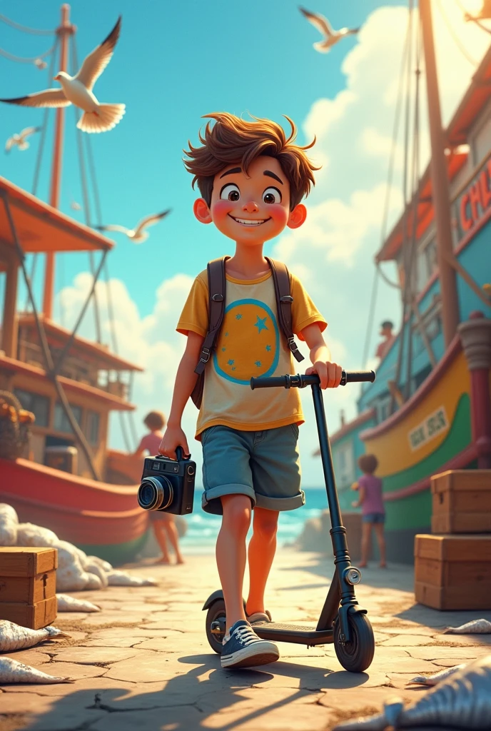 A brown-haired boy avatar walking in front of the fishing port with his camera and his electric scooter