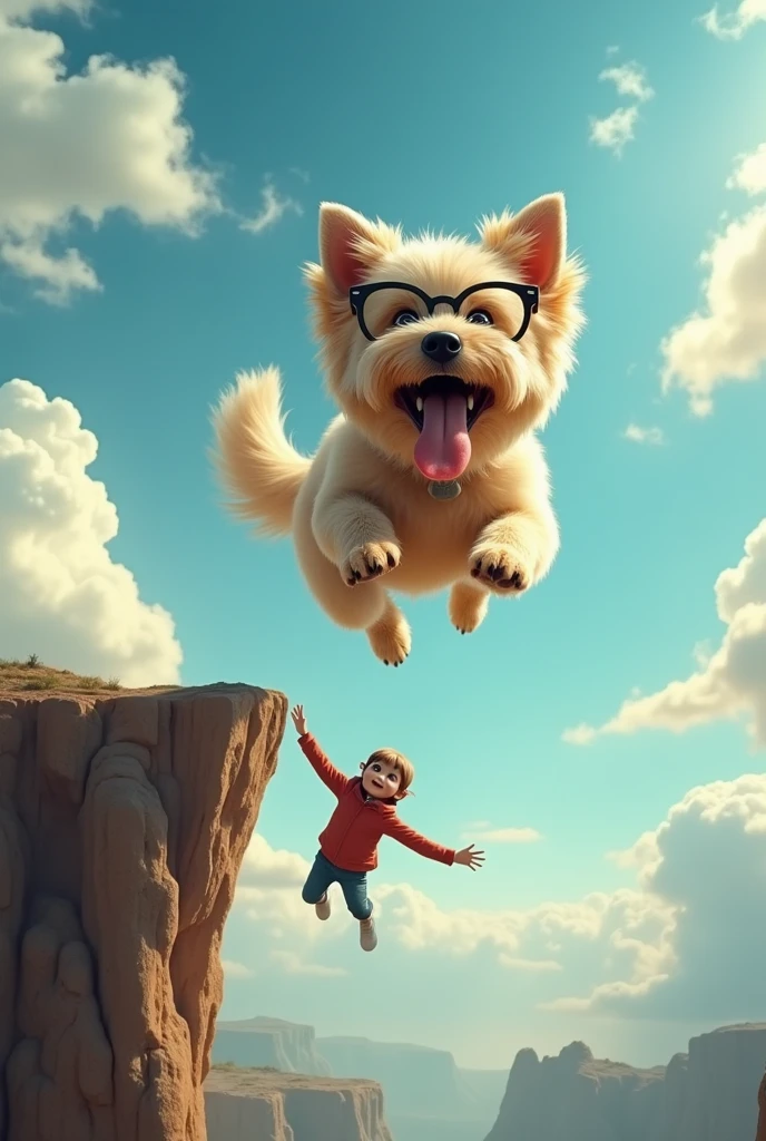 Flying dog with glasses sticking out his tongue saving a person