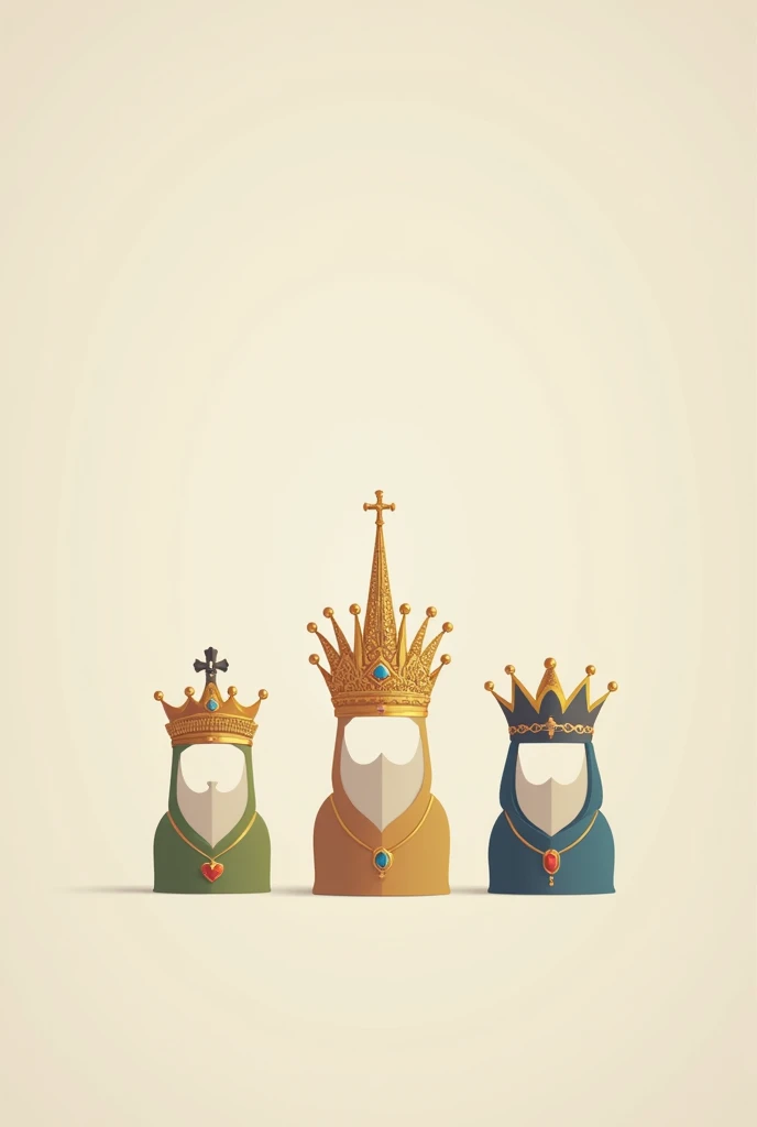 Make an image of the crowns of the three wise men with their names, in a minimalist style, that are different types of crowns