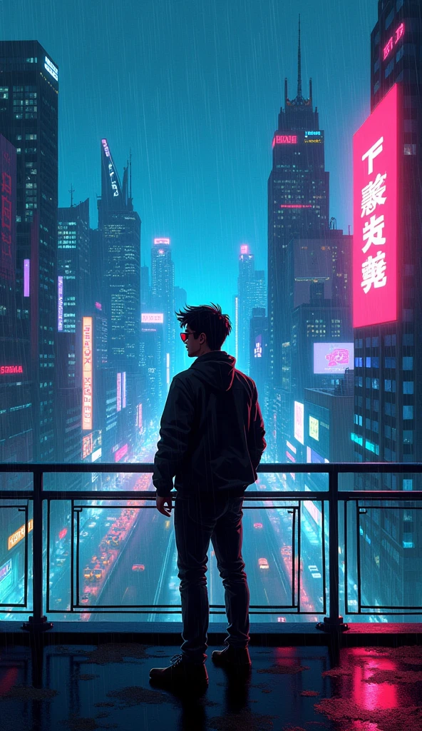 Immerse yourself in a neon-lit cityscape of the cyberpunk world as a lone figure traverses the rain-soaked sky caper's terrace building watching the city view, their silhouette illuminated by the glow of holographic advertisements. Capture the gritty ambiance and futuristic aesthetic that defines the cyberpunk genre. ISO 1600, f/2.8, 1/250s, retro sunglasses, Hawaii, gta vice style , illustration , reteo comic illustration