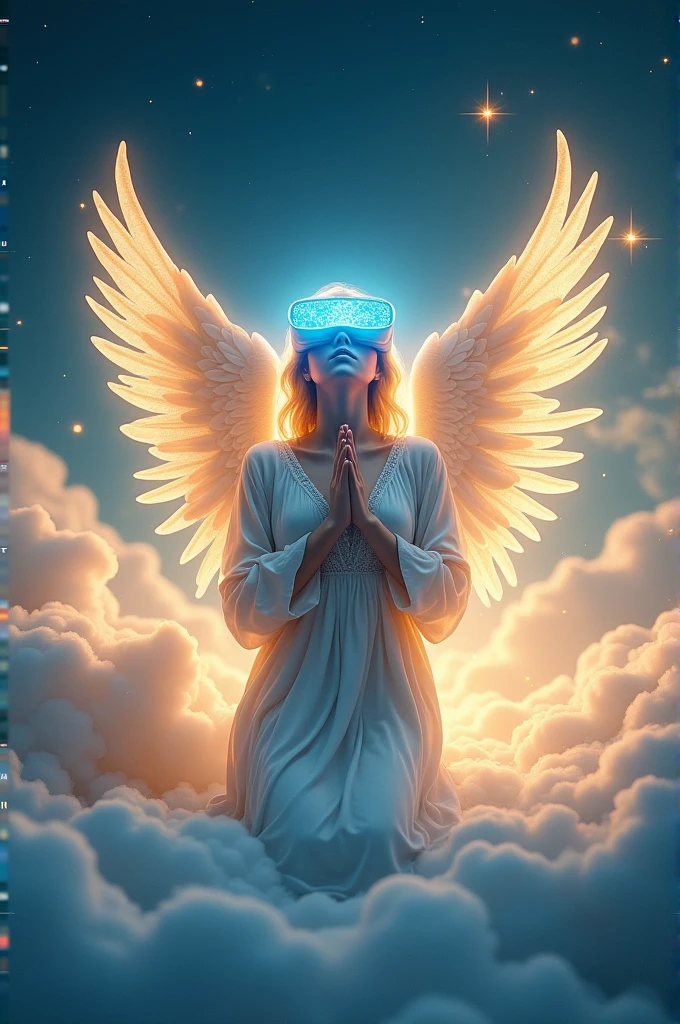 Guardian angel, praying, wearing virtual reality glasses