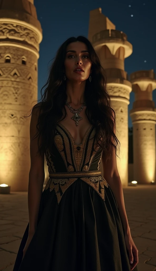 An Egyptian vampire with dark skin and sharp features, blood seeping from the corners of her mouth. She is dressed in a gold-trimmed, black gown, contrasting with the ancient surroundings of the Karnak Temple. The night is still and silent, with the towering columns and massive statues bathed in faint starlight. She emerges from the shadows of the ancient ruins, her latest victim left behind in the darkness.