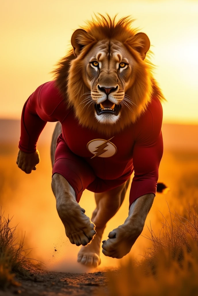 Un lion qui court portant le costume de Flash