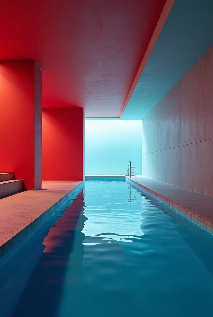 Indoor Swimming pool  in dark grey, Red and  blue colors without furnicure
The ceiling has all the three colors 