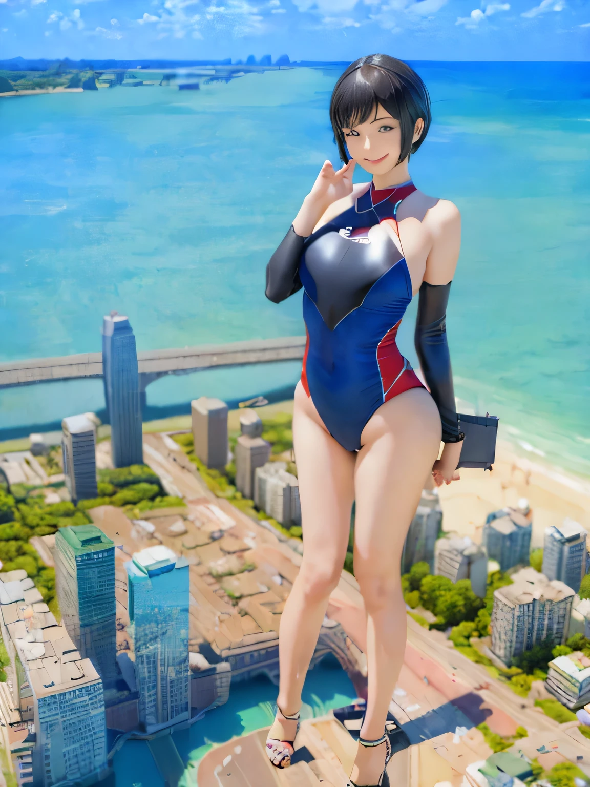 multiple girls, 3girls, standing, giantess art, highly detailed giantess shot, giantess, most detailed, perfect face, two legs, five fingers, short hair, beautiful girl bigger than a skyscraper, wearing rimless glasses, smiling, huge breasts, swimsuit, stiletto heels, under heavy attack, seaside metropolis, ocean, numerous miniature warships on the sea, very small metropolis, miniature metropolis, full body depiction, GTS, giga giantess, gigagts, trampling city, crush city, tiny city, micro city, high resolution, best quality, masterpiece,