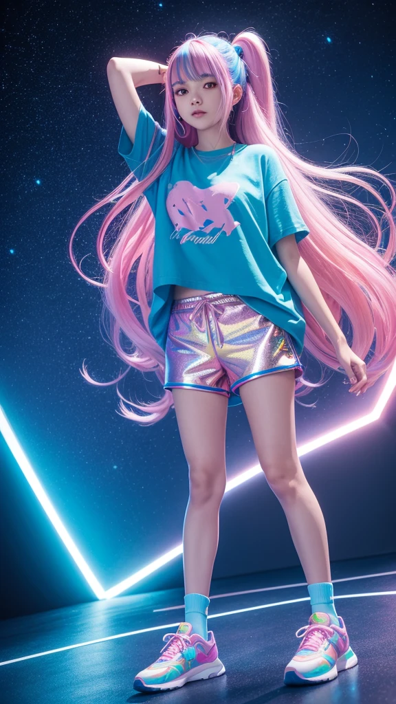 A young woman with long hair, holographic tips, blue shorts, holographic t-shirts, pink and blue scenery, yellow sneakers