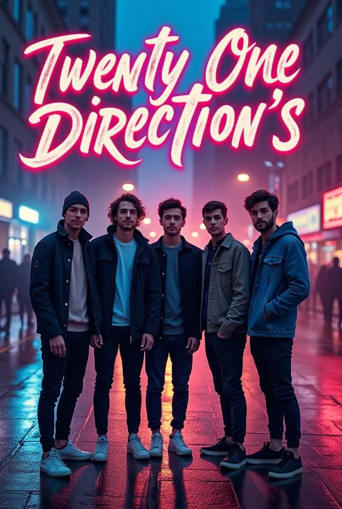 Create a music album cover mixing the group One Direction and the band Twenty One Pilots, with the title "Twenty One Direction's"