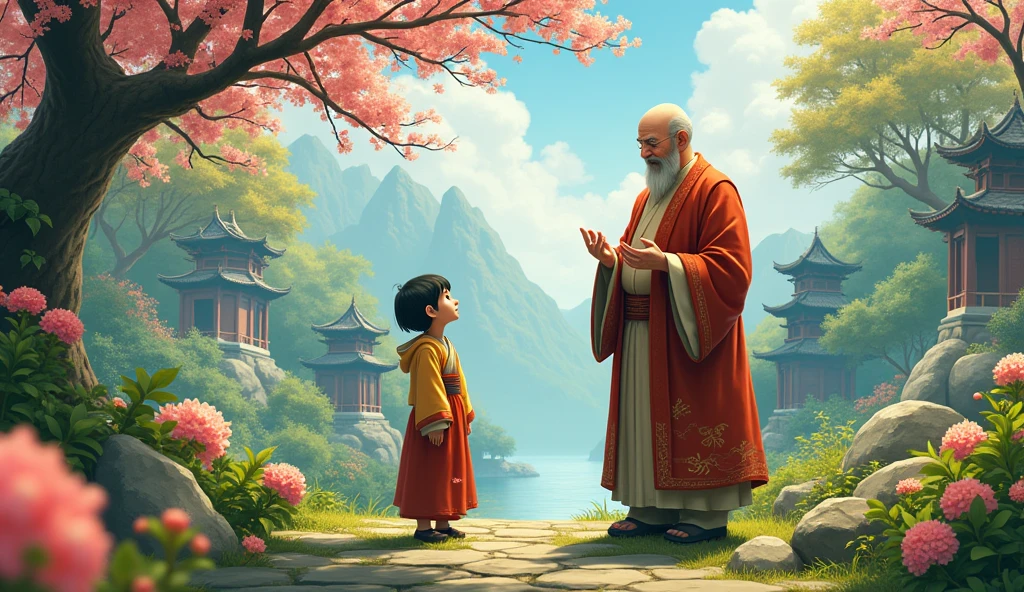 An wisdom full old fat Chinese monk standing and talking to his young student, beautiful garden, flowers, surrounded by temples, beautiful scenario, trees, in anime style,