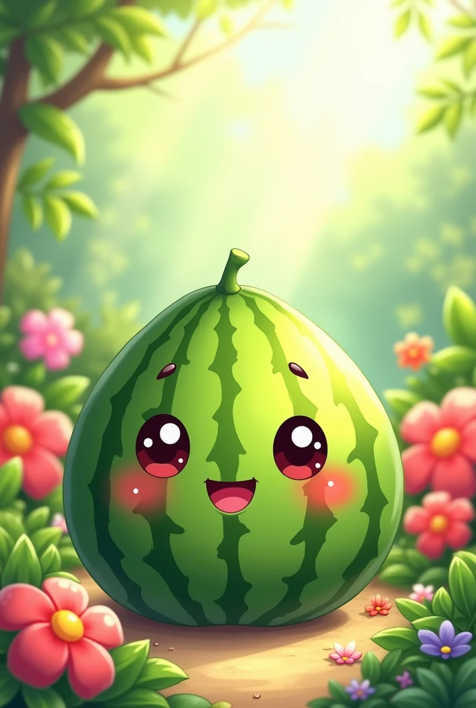 Adorable watermelon with kawaii eyes, mouth and blush