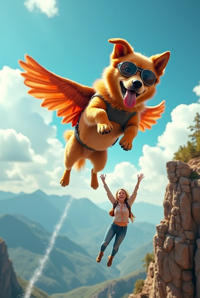 Flying dog with glasses sticking out his tongue, saving a person 