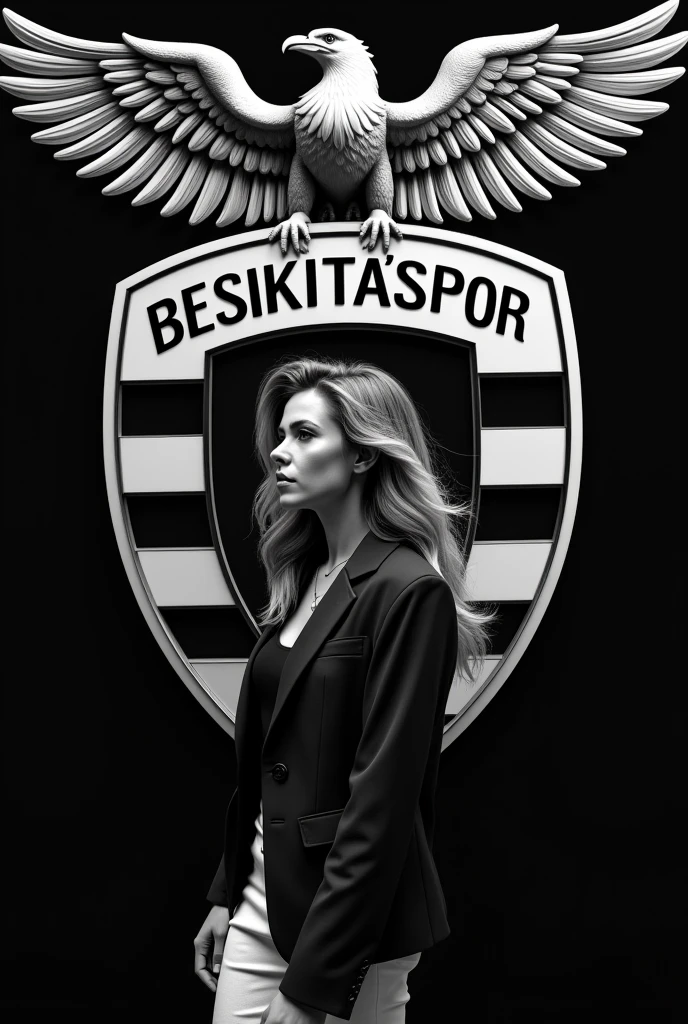 LET THE BACKGROUND BE BLACK AND WHITE. LET THE BEŞİKTAŞSPOR CLUB COMBAT BE IN THE MIDDLE AND A WOMAN CLOTHED IN BLACK AND WHITE STANDS NEXT TO IT. LET IT WRITE "SEDA OZ" WITH A 3D LOGO AND HAVE AN EAGLE ABOVE MY NAME.