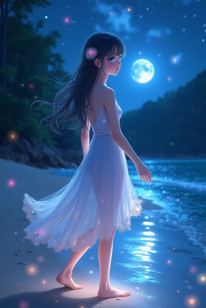 (masterpiece、Highest quality、8k、High resolution)、(The best beautiful girl)、Best Style、(The most beautiful face)、Clear skin、Clean blue eyes、Beautiful lips、Beautiful nose、Blonde Hair、Walking on the sand、Ocean、You can see the forest、A bright night with stars visible、Beautiful starry sky、milky way、(Mysterious light particles emitting from the body、Colorful Light、Very mysterious light)、jewelry、necklace、dress、(whole body)、Highly detailed anime art、A complete portrayal、Professional photographer、Professional Lighting、