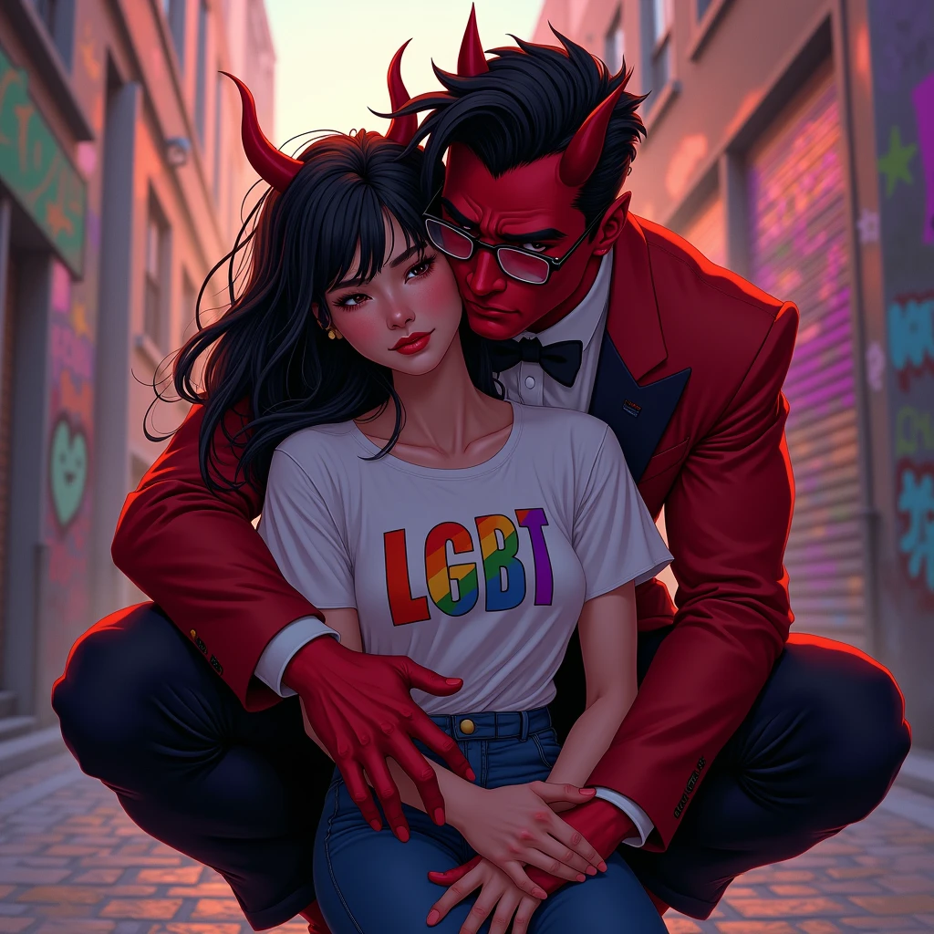 marvel art style, a 20-year-old male red-skin-tone devil with dark fadeout hair and glasses, wearing tight red tuxedo , masculine bulge, he's squatting down behind a sad female wearing lgbt shirt. he's behind her. huggin. He's squatting down behind her