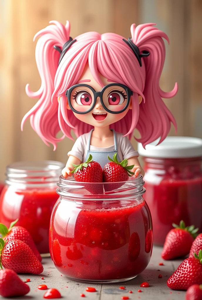 Can you create a banner for me to promote my strawberry jam? , I want it modern this time , you know wooden background , with jars of strawberry jam , but they look real , and now read this carefully , Since my audience is young people , make it anime theme