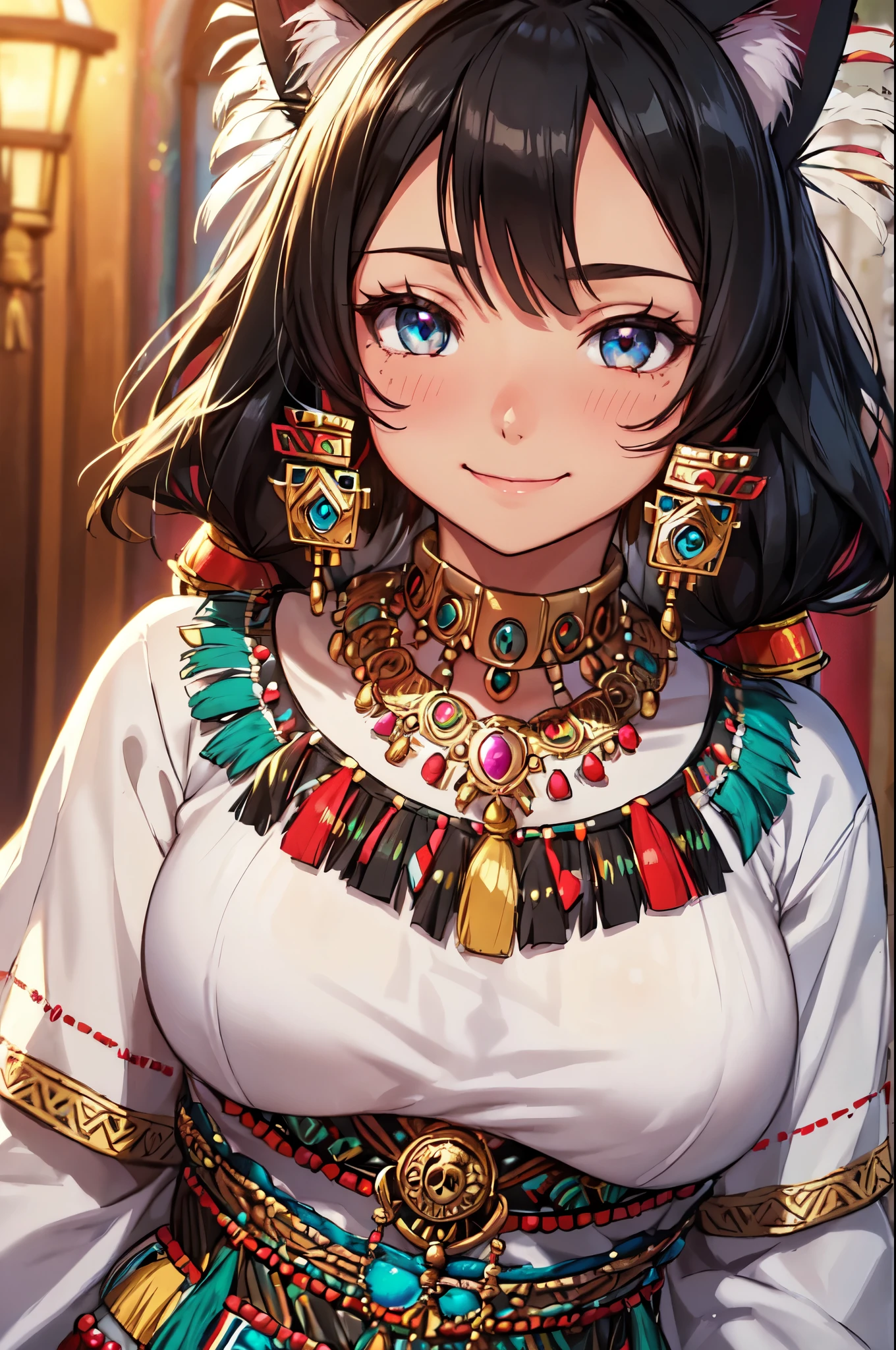 (High quality, High resolution, Fine details), traditional aztec clothing, feathered headdress, beaded necklace, colorful ornaments, solo, curvy adult women, black hair, sparkling eyes, (Detailed eyes:1.2), (cat ears), smile, blush, Sweat, Oily skin, Soft tones, shallow depth of field