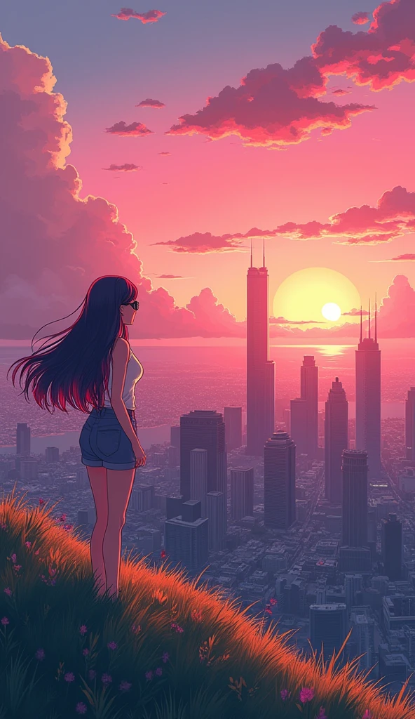 anime girl with backpack looking at city from grassy hill, makoto shinkai cyril rolando, makoto shinkai!, makoto shinkai art style, in style of makoto shinkai, makoto shinkai!!, makoto shinkai style, style of makoto shinkai, studio glibly makoto shinkai, ( ( makoto shinkai ) ),retro sunglasses, Hawaii, gta vice style , illustration , reteo comic illustration