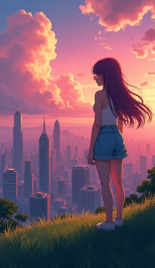 anime girl with backpack looking at city from grassy hill, makoto shinkai cyril rolando, makoto shinkai!, makoto shinkai art style, in style of makoto shinkai, makoto shinkai!!, makoto shinkai style, style of makoto shinkai, studio glibly makoto shinkai, ( ( makoto shinkai ) ),retro sunglasses, Hawaii, gta vice style , illustration , reteo comic illustration