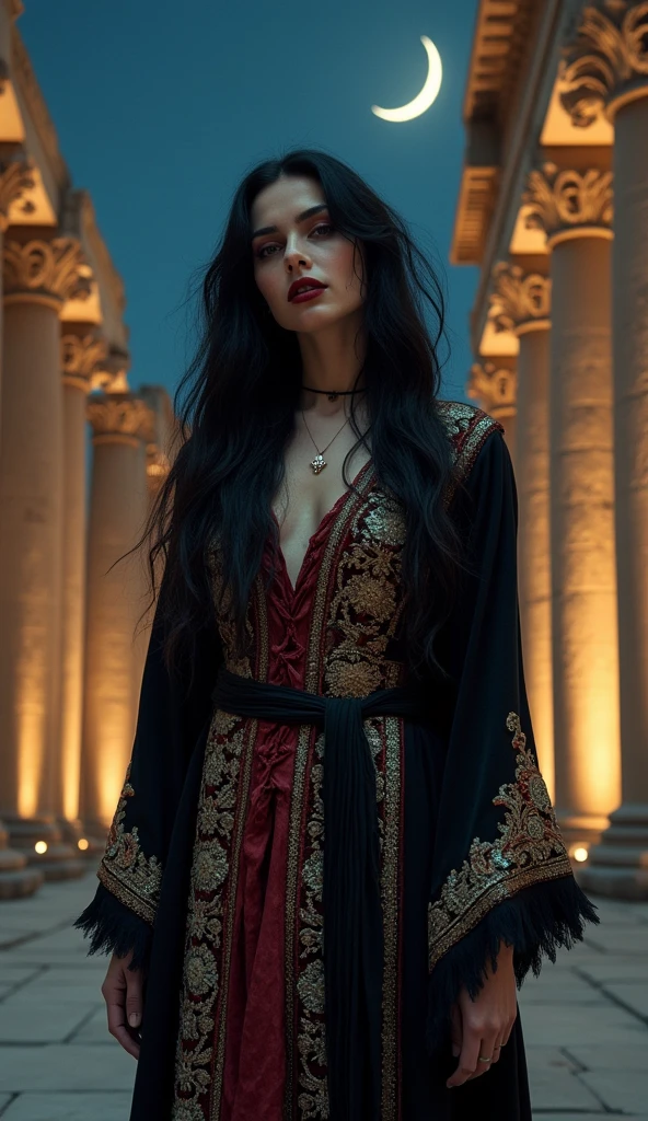 A Persian vampire woman with fair, pale skin and long, wavy black hair, her lips glistening with fresh blood. She wears an intricately embroidered, traditional Persian robe, stained with crimson. The setting is the ancient ruins of Persepolis, with grand columns and stone reliefs illuminated by a faint crescent moon. She stands among the ruins, having just fed, the night air filled with the echoes of history and the scent of blood.