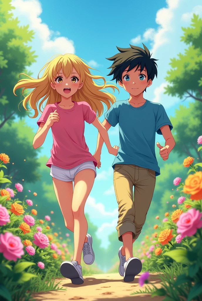 teanager gir; , pink t shirt ,goldish hairs , white under wear , brown eyes,anime style, running with a (teanager boy ,blue t shirt ,black hairs , light brown pant , blue eyes,anime style, ,backgroung garden,side angle ,,side angle)