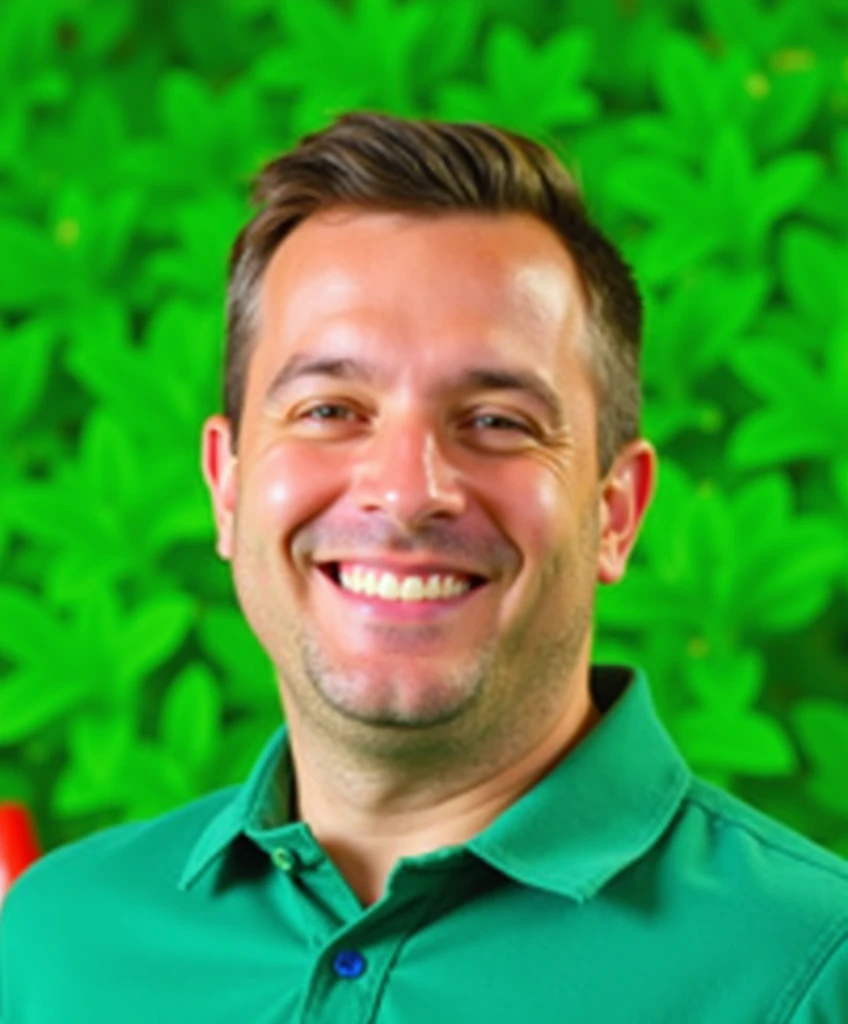 man smiling, with green background behind, green shirt