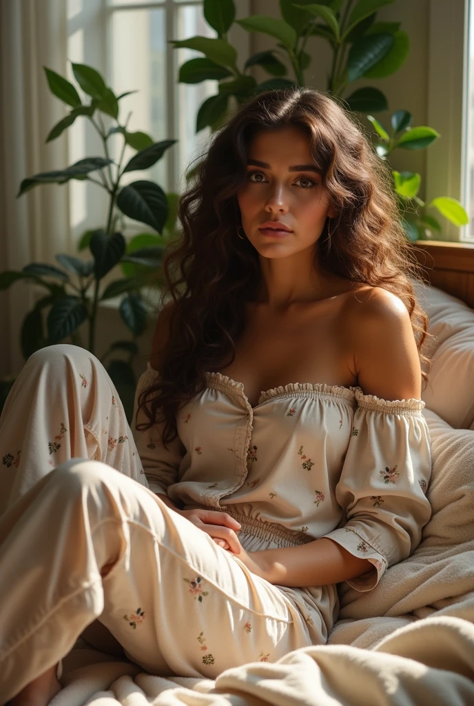 (photorealism:1.2), beautiful woman, sitting on bed, wearing loose off-shoulder top, pajama pants, long curly hair, indoors, soft lighting, plants in background, window with sunlight, cozy room, relaxed pose, realistic, intricate details, warm colors, by Greg Rutkowski, by Alphonse Mucha