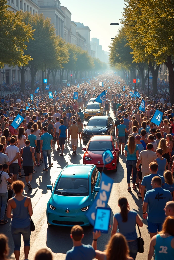 Square full of people dressed in blue with flags with the number 44 and many cars and three electric trios