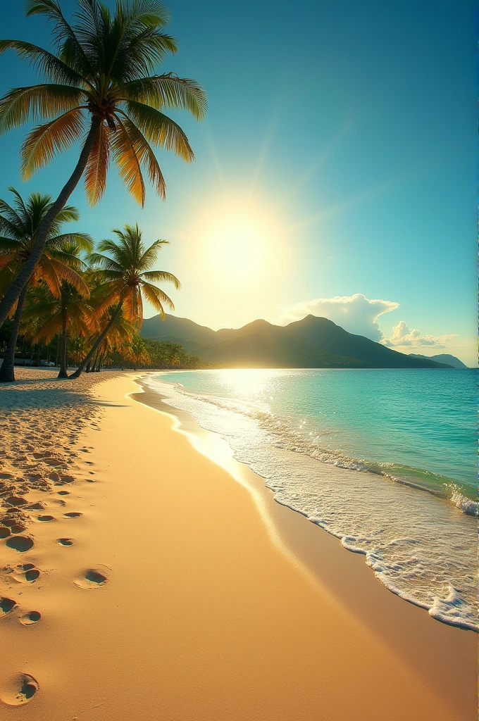 I need a realistic photo of a Caribbean beach, with curly waves and a radiant sun. There's no one on the beach, no people just landscape