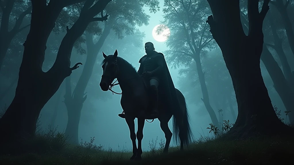 A low angle full body shot of the Avenger character from the Dungeons & Dragons series, mounted on his imposing black horse, in a dark and misty forest, with an ominous and intense atmosphere, dim moonlight filtering through the dense trees, shot with a Sony A7S III, 50mm f/1.4 lens, high contrast with deep shadows and muted colors