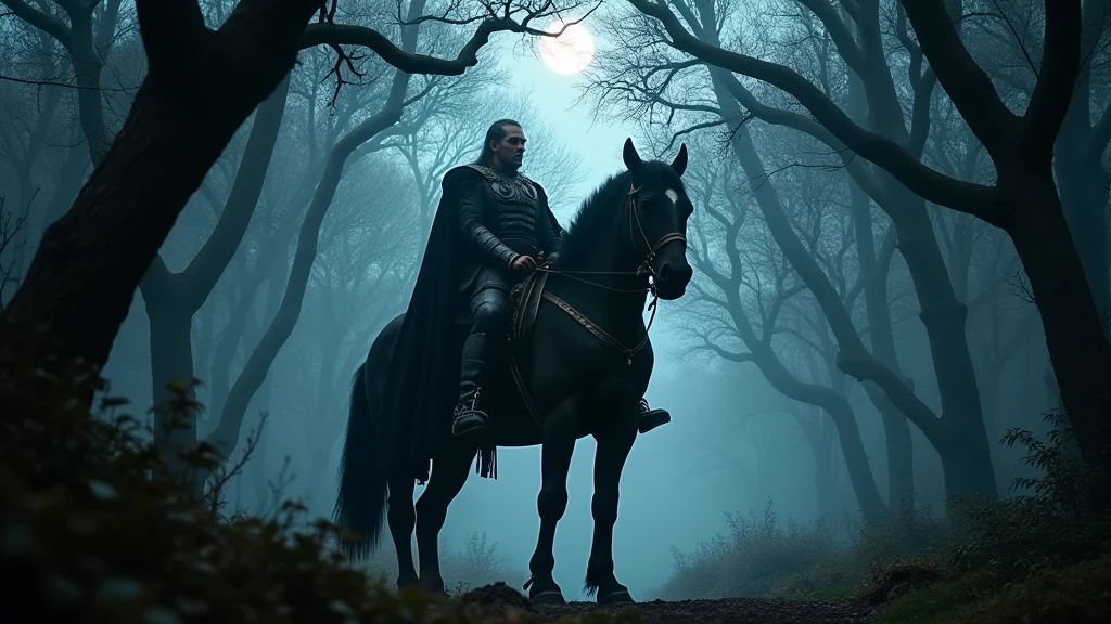 A low angle full body shot of the Avenger character from the Dungeons & Dragons series, mounted on his imposing black horse, in a dark and misty forest, with an ominous and intense atmosphere, dim moonlight filtering through the dense trees, shot with a Sony A7S III, 50mm f/1.4 lens, high contrast with deep shadows and muted colors