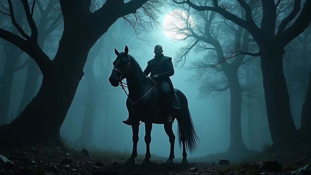 A low angle full body shot of the Avenger character from the Dungeons & Dragons series, mounted on his imposing black horse, in a dark and misty forest, with an ominous and intense atmosphere, dim moonlight filtering through the dense trees, shot with a Sony A7S III, 50mm f/1.4 lens, high contrast with deep shadows and muted colors