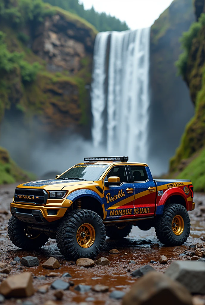 A captivating 3D logo for “VENEZUELA” with a sleek and modern design. The bold “VENEZUELA” intertwines  next to a sleek gold, blue and red 4x4RC truck, showcasing its impressive bodywork with images of a scale on the doors with “Dr. Freddy” text in glossy black and large, super-lowered rims in gold. The background is a sophisticated and simplistic combination of sleek, modern fonts with vibrant details such as the Angel Falls waterfall. The rugged color palette creates a sense of high-quality action and a social and lively atmosphere. The Venezuela sign design exudes energy and excitement for those who love adrenaline-filled pastimes.