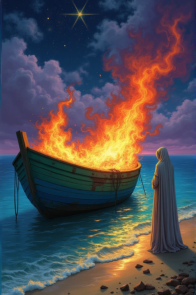 Create a Surreal Image of a Boat Being Burned to Prevent Its Return