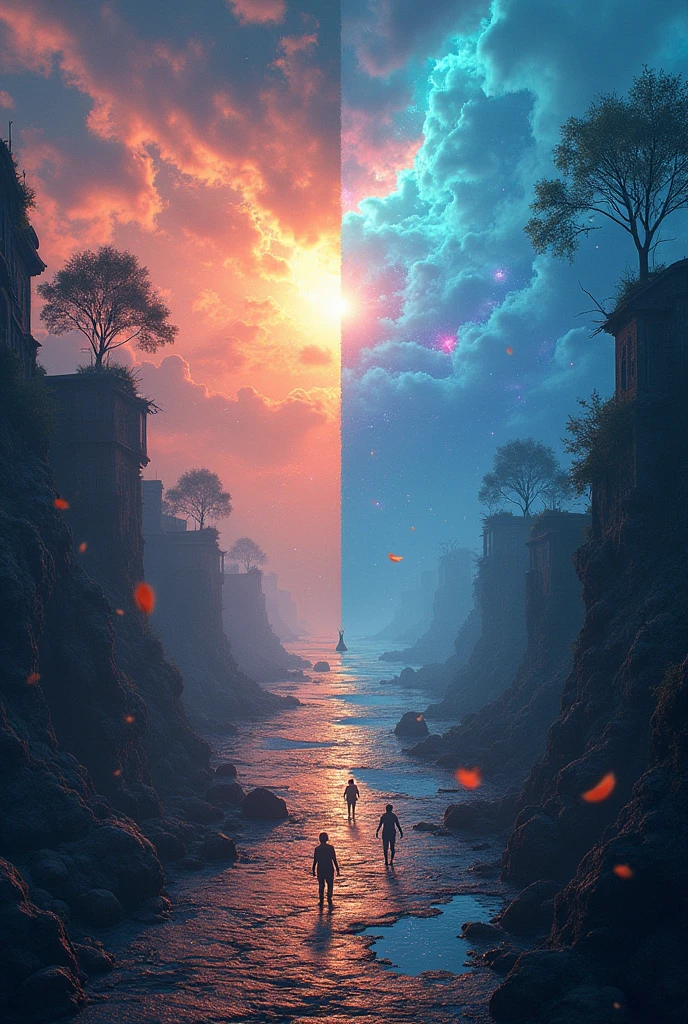 A design of two paths that intertwine, one that represents the "reality" and another that represents the "Dream", with key images from the film on every path.