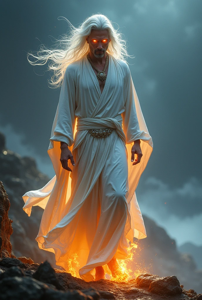(photorealism:1.2),white hair on his head, eyes like a flame of fire, his feet like burnished bronze, white robe